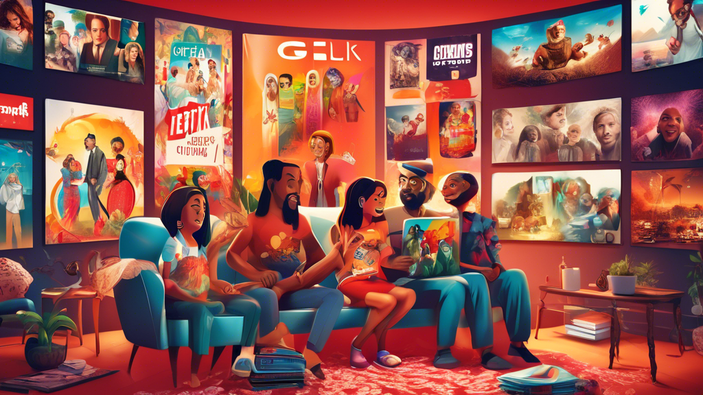 Create an imaginative digital illustration that visually represents the advantages of using Getflix SmartDNS for an optimal streaming experience. Picture a diverse array of movie and TV show posters from various international cultures seamlessly blending into each other, symbolizing the unrestricted access to global content. In the foreground, depict an overjoyed family gathered around a large television, captivated by the vibrant and crystal-clear streaming quality. Capture the essence of smooth and fast streaming with swirling lines and light trails connecting the TV to a glowing globe, indicating bypassed geographical restrictions. Sprinkle testimonials in subtle text bubbles around the scene, highlighting positive user feedback.
