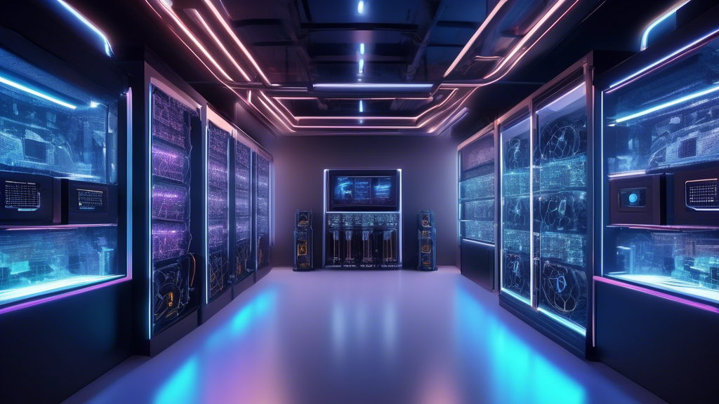 Create an image depicting an intricate and futuristic cryptocurrency mining machine showroom. The scene should be filled with diverse mining rigs, ranging from sleek ASIC miners to powerful GPU and CPU setups. The emphasis should be on showcasing digital display boards highlighting key specifications like hash rate, power consumption, and initial cost for each machine. Include visual elements like holographic interfaces and advanced control panels to illustrate the importance of technological advancement. Add a dynamic background with charts and graphs, symbolizing market trends and ROI analysis. The atmosphere should convey modernity and innovation, with subtle lighting accents to highlight the critical factors in choosing an optimal mining machine.