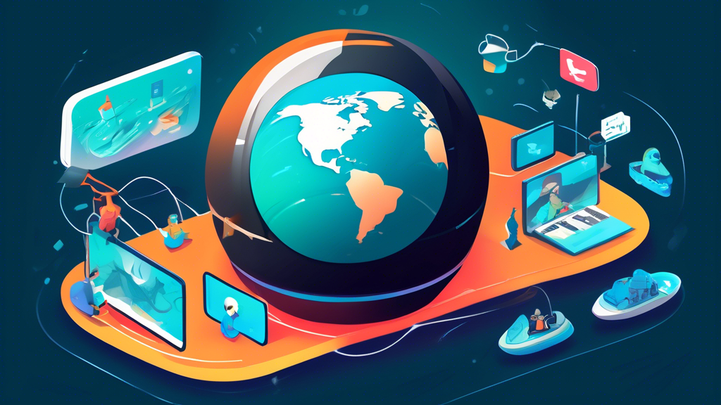 Create an illustration showcasing the concept of unlimited access and overcoming geographical restrictions with Surfshark VPN. Visualize a digital globe with various locked content icons representing streaming services, websites, and applications in different regions, while a Surfshark VPN logo prominently displays keys unlocking these icons. Include elements that suggest remote work, streaming movies, and safe browsing, all set in a colorful and engaging digital landscape that conveys freedom and security in online activities.