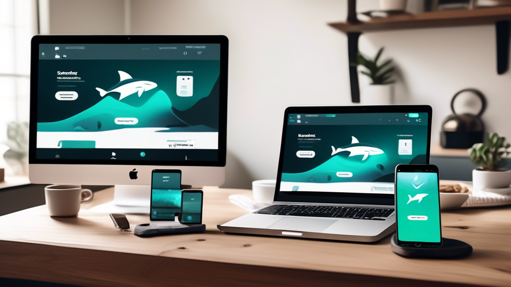Create an image depicting the versatile and user-friendly interface of Surfshark VPN on multiple devices, including a laptop, tablet, and smartphone. The image should illustrate a seamless user experience, highlighting features such as easy navigation, strong connection indicators, and visual elements that convey security and accessibility. Include diverse individuals happily using the VPN across different locations, such as a cozy home office, a coffee shop, and while traveling, symbolizing the supportive customer service and positive testimonials related to the product.