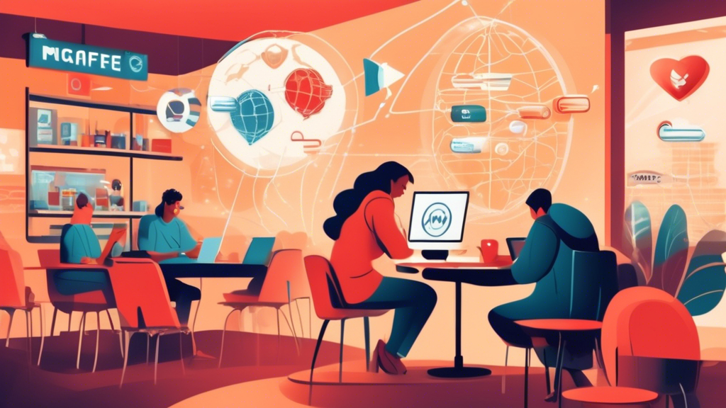 **DALL-E Prompt:** An illustration depicting the benefits of using McAfee VPN for online privacy. The scene shows a person using a laptop in a coffee shop with visible public Wi-Fi signals, surrounded by protective digital shields symbolizing privacy and security. Include visual elements representing bypassing geo-restrictions, such as a globe with diverse flags, and features like a 