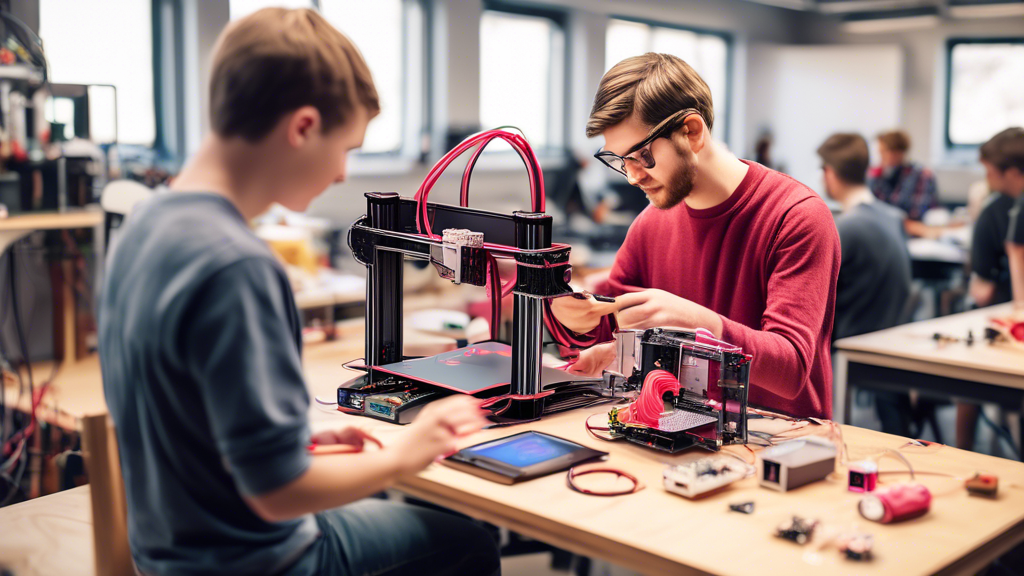 Create an image depicting various practical applications of 3D printers when used with a Raspberry Pi. The scene shows a workshop environment filled with projects showcasing education, prototype development, and personal DIY projects. Include elements like a student using a 3D printer connected to a Raspberry Pi to create a school project, an engineer prototyping a new product, and a hobbyist crafting custom gadgets. Highlight the Raspberry Pi prominently, showing it as the control hub for each 3D printing project. The atmosphere should be vibrant and innovative, capturing the essence of technological creativity and exploration.