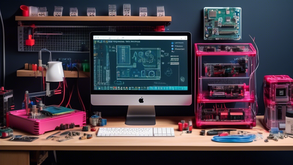 Create an image of a workbench cluttered with components like a Raspberry Pi, 3D printer parts, wires, and tools, illustrating a DIY setup environment. On the side, display a digital blueprint screen showing a Raspberry Pi connected to a 3D printer with various optimization settings and problem-solving notes. The scene should highlight the theme of optimizing 3D printing with Raspberry Pi, with a focus on the dynamic process of troubleshooting and fine-tuning, as if a tech enthusiast is in the midst of enhancing their 3d drucker raspberry pi setup. The space should embody a creative yet precise atmosphere filled with enthusiastic exploration.
