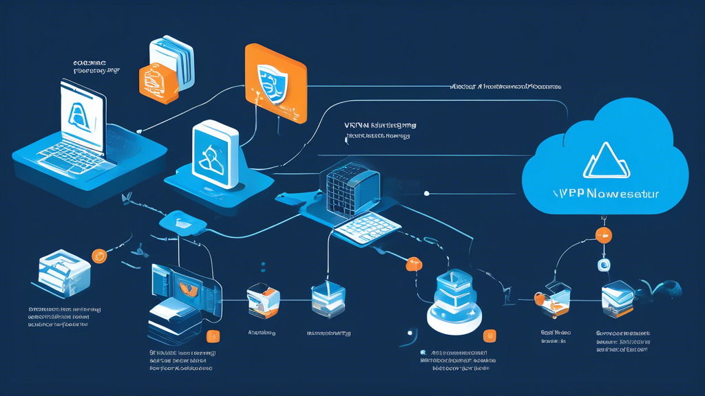 Create an informative and visually engaging illustration that depicts the step-by-step process of configuring Azure VPN. The image should feature a detailed flowchart or infographic showcasing the necessary requirements and preparations, along with clear instructions for creating and configuring an Azure VPN. Include elements such as visual icons representing networking, cloud security, and troubleshooting tips, with a modern tech-style aesthetic to emphasize the innovative and professional nature of Azure VPN setup. The color palette should reflect Azure