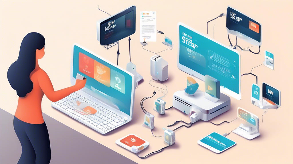 Create an image depicting the step-by-step setup process of Keep Solid Smart DNS across multiple devices. The scene should feature a diverse array of devices such as a laptop, smartphone, and smart TV, each displaying a part of the setup process through illustrated bullet points or visual guides. Include a diverse group of users seamlessly following the installation instructions. The setting should convey simplicity and user-friendliness, with visually clear steps highlighted on each device