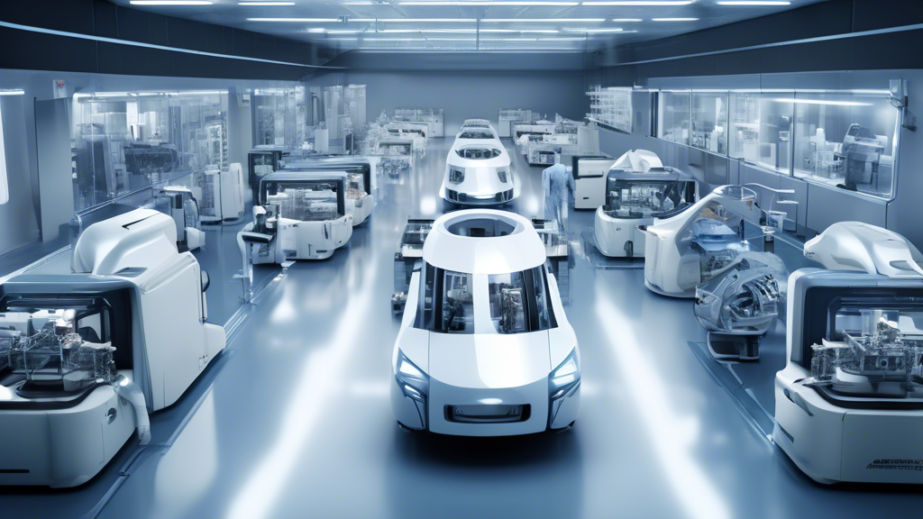 Create an image depicting a futuristic manufacturing facility where a 3D-Drucker-Replicator is in action. The scene highlights various industries, such as automotive, aerospace, and medical technology, showcasing 3D-printed cars, aircraft components, and medical implants. Emphasize the cost-efficiency, design flexibility, and mass customization potential of the 3D-Drucker-Replicator. Include engineers and technicians collaborating around the machine, overseeing its integration into production lines, with a sense of innovation and competitiveness. Use a vibrant and dynamic composition to reflect the cutting-edge nature of this technology in industrial production.