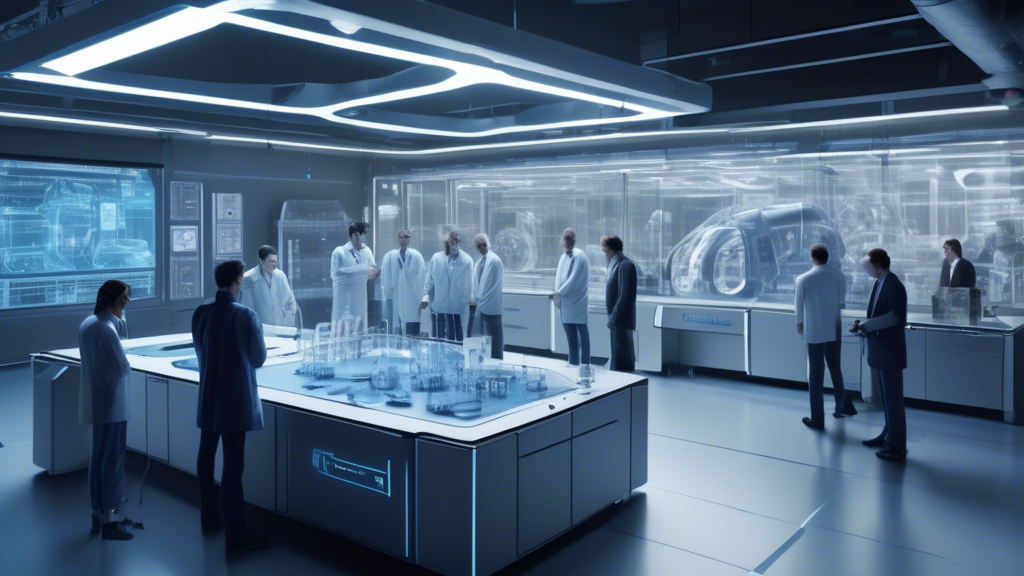Create an image depicting a futuristic scene where engineers and scientists are gathered around a large, advanced 3D-Drucker-Replicator in a high-tech laboratory. The replicator is producing complex items, representing various industries such as automotive and aerospace components, highlighting its diverse capabilities. On the walls, digital screens display data analytics addressing material constraints and technological limits, alongside charts discussing legal and ethical considerations of replication. There are also holographic projections illustrating visionary concepts of future developments in global manufacturing trends driven by this technology. The atmosphere exudes innovation and challenges, with a focus on the 3D-Drucker-Replicator