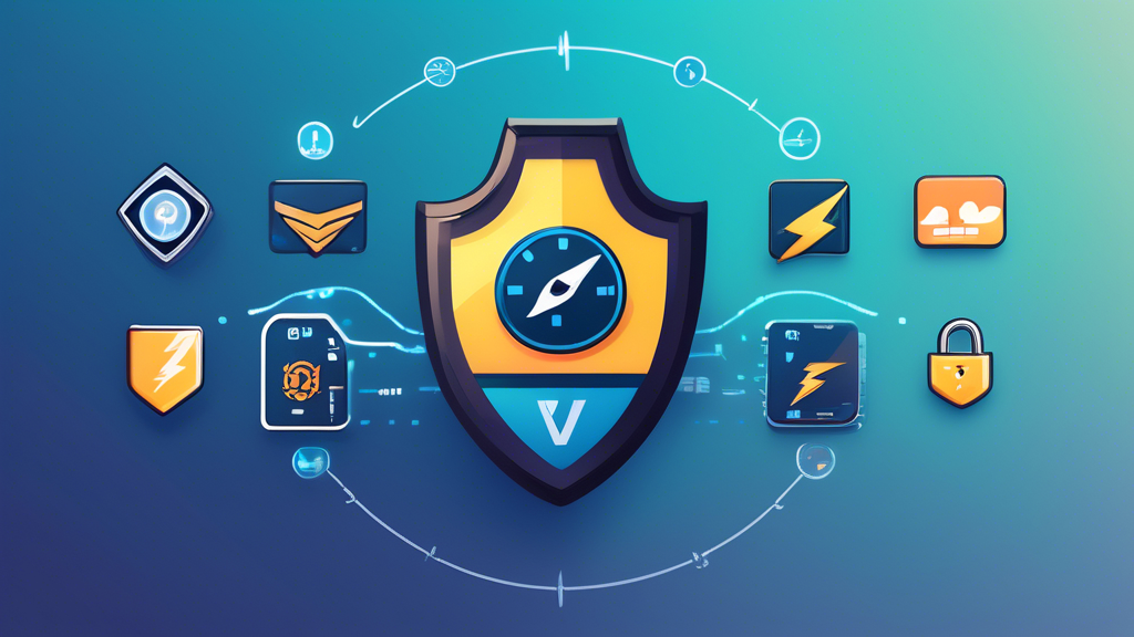 Create an illustration featuring a side-by-side comparison of different free VPN services for Mac. On one side, display icons representing speed and performance, such as a lightning bolt and a speedometer. On the other side, showcase security features with icons like a padlock and a shield. Include visual elements that indicate data limitations, like a data cap symbol, and options for server selection, represented by globe icons with location markers. The overall design should convey a tech-savvy and user-friendly aesthetic, appealing to Mac users searching for the best free VPN options.