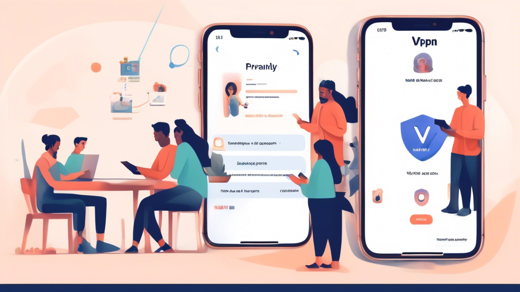 **DALL-E Prompt:** Create a step-by-step illustration showing how to install a VPN on an iOS device. The scene should depict a friendly, diverse group of people using their iPhones and iPads, with visual guides highlighting the process of selecting a VPN service, downloading an app, and configuring settings. Include icons representing security and privacy, such as a lock or shield, and use a colorful, modern design to make the process easy to understand and visually appealing. The background should subtly include elements that suggest digital connectivity, like floating network symbols or cloud graphics.