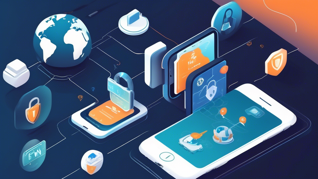 Create an image that visually represents the concept of Best Practices for Using a VPN on iOS Effectively. The scene should include a user interacting with their iPhone while connected to a VPN, surrounded by icons that symbolize security (like a padlock), privacy (a shield), and optimal server selection (a globe with pinpoint locations). The iPhone screen should display a VPN app interface, emphasizing user-friendly features. Include a background that hints at a digital environment, perhaps with abstract circuit patterns or data streams, to convey the theme of online security and connectivity. Use a modern, sleek design that appeals to tech-savvy individuals.