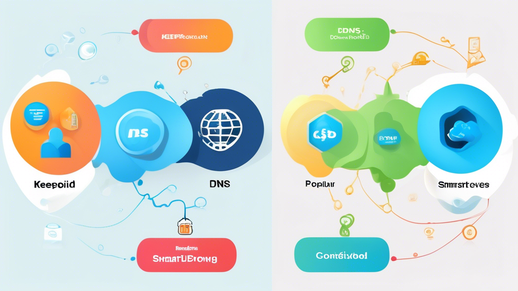 Create an image depicting a comparison between KeepSolid SmartDNS and other popular DNS services. The image should feature a split screen: one side should illustrate the distinctive features and advantages of KeepSolid SmartDNS, such as faster browsing speeds and access to geo-restricted content, using vibrant icons and text bubbles. The other side should represent other DNS services with less dynamic visuals, like basic connectivity icons and neutral colors. In the center, include testimonials or thought bubbles from satisfied users expressing their positive experiences with KeepSolid SmartDNS, emphasizing its effectiveness and reliability. The background should subtly hint at technological themes, with abstract circuit lines or cloud patterns, embodying the digital realm of DNS services.