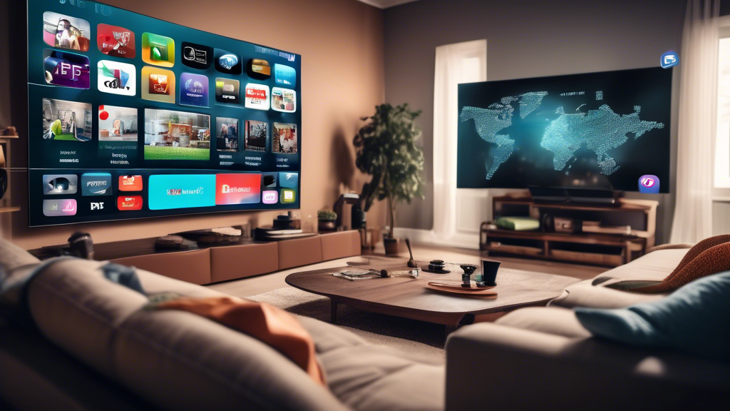 Create an image of a modern living room with a large smart TV displaying a variety of IPTV channels, with a person using a remote control to navigate through different shows and movies. Include a visual representation of how IPTV works, such as a network diagram showing how data is transmitted over the internet to the TV.