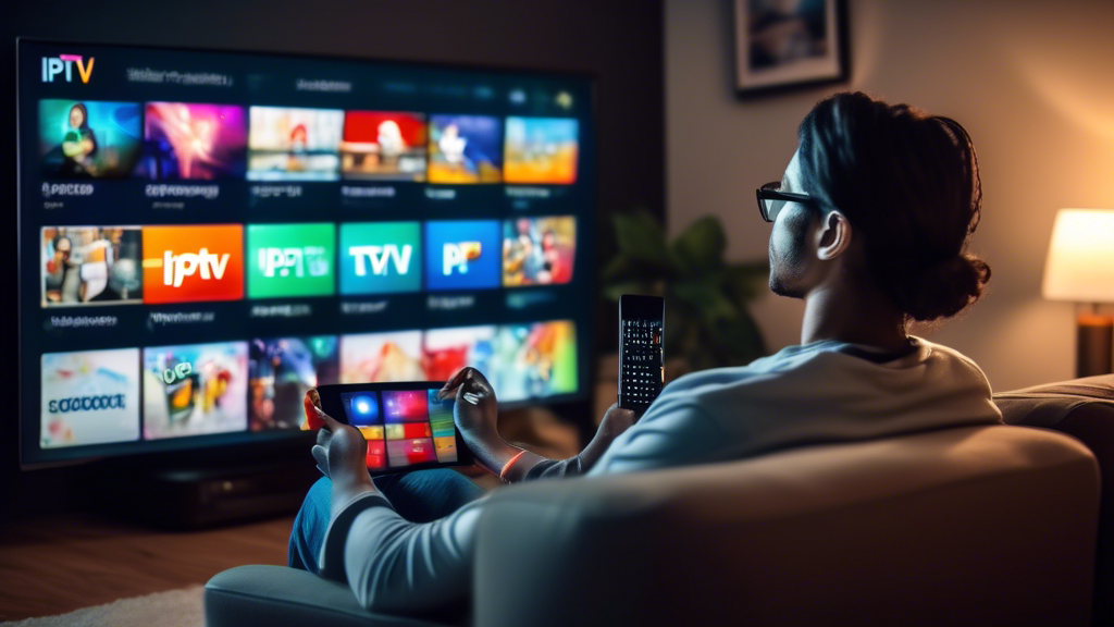 Create an image of a person sitting on a comfortable couch with a large smart TV in front of them. The TV screen displays various IPTV services being rated and reviewed with stars and comments. Surrounding the person are several electronic devices like a laptop, tablet, and smartphone, all showing different IPTV service websites for comparison. The overall setting should convey a sense of research and evaluation of IPTV services.