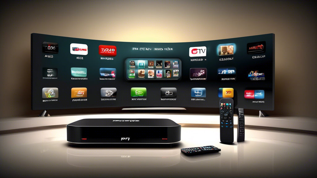 Create an image of a sleek and modern Android-Box with a large screen displaying a variety of IPTV channels in high definition. The box should be in a living room setting, surrounded by a comfortable sofa, a coffee table, and a large TV. The image should convey a sense of entertainment and technological advancement, capturing the essence of the best Android-Box for IPTV.
