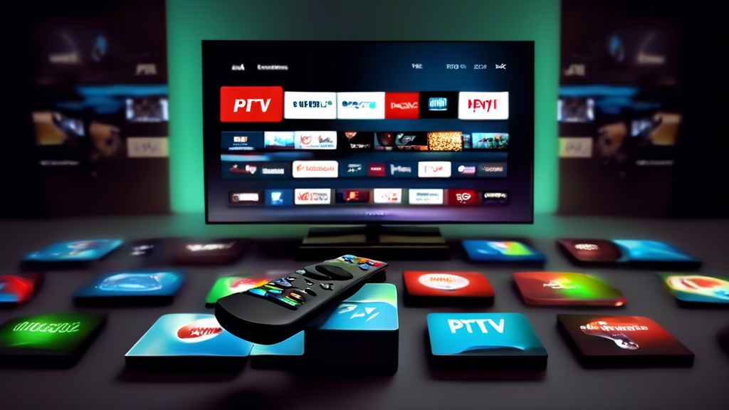 Create an image of an Android TV box connected to a television, displaying a variety of IPTV channels and content. Show the remote control being used to navigate through the different options and features of the IPTV service. The image should convey the convenience and versatility of using an Android TV box for accessing IPTV content.