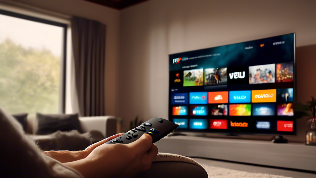 Please generate an image of a person using a Firestick to stream IPTV services. The person should be sitting on a couch in a cozy living room setting, with the TV displaying various IPTV channel options on the screen. The image should convey a sense of relaxation and convenience while streaming IPTV content on a Firestick.