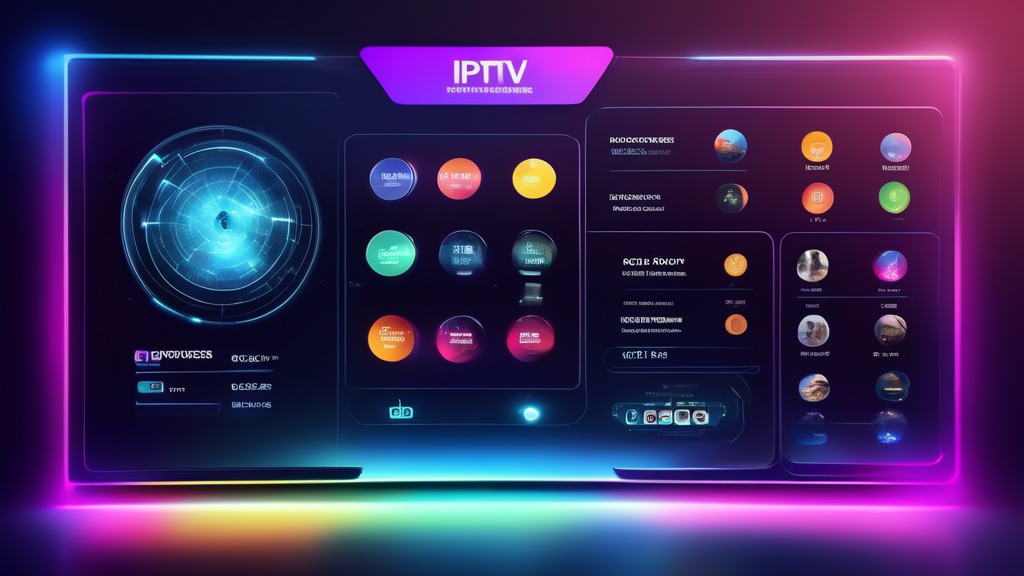 Create an image of a futuristic digital interface displaying a side-by-side comparison of various IPTV providers, highlighting their key features, ratings, and prices. The interface should be sleek and modern, with colorful graphics and easy-to-read text to engage viewers.