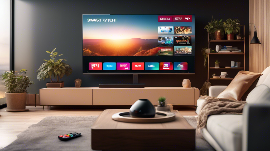Create an image of a modern living room with a large smart TV displaying a variety of IPTV channels, while a digital recording icon is visible on the screen. Include a person relaxing on a couch with a remote control in hand, looking satisfied and comfortable. Surround the TV with multimedia devices like a soundbar, gaming console, and streaming device to emphasize the integration of IPTV into a home entertainment system.