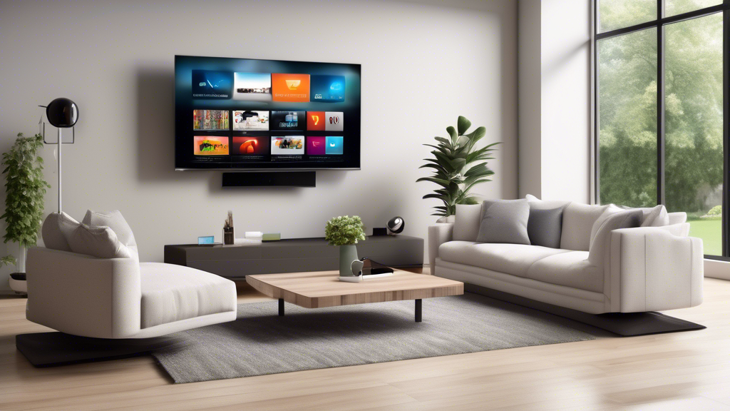 Create an image depicting a modern living room setup with four electronic devices connected to an IPTV service. The image should showcase a large smart TV displaying IPTV content, with a tablet, smartphone, and laptop also streaming content from the IPTV service. The devices should be seamlessly integrated into the room, portraying a convenient and immersive viewing experience for multiple users.