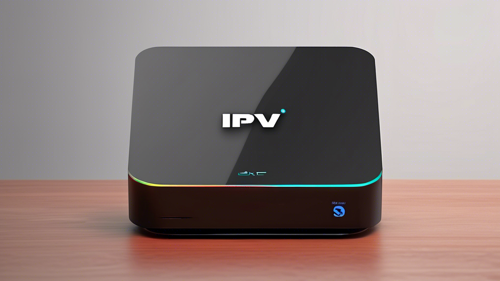 Create an image depicting a sleek and modern IPTV box with multiple futuristic features, including a vibrant and crisp display screen, various connectivity options, a user-friendly remote control, and an interface showing different TV channels or streaming services. Surround the box with digital streaming symbols such as play buttons, wifi signals, and TV screens to highlight its cutting-edge technology.