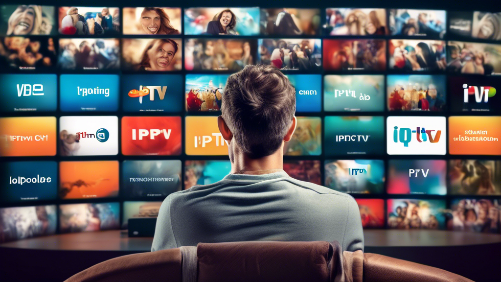 Create an image showing a person smiling while comfortably watching a variety of TV channels on multiple screens simultaneously, all with the words IPTV ohne Abo (IPTV without subscription) displayed prominently. The scene should convey a sense of convenience and freedom from traditional cable subscriptions, highlighting the benefits of IPTV without the hassle of a recurring fee.
