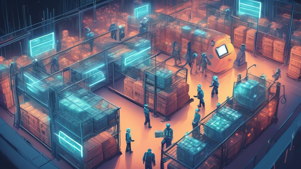 An illustrative image showing a bustling, futuristic warehouse with robots and workers exchanging and organizing glowing, labeled pallets within a vast, interconnected SEI network infrastructure.