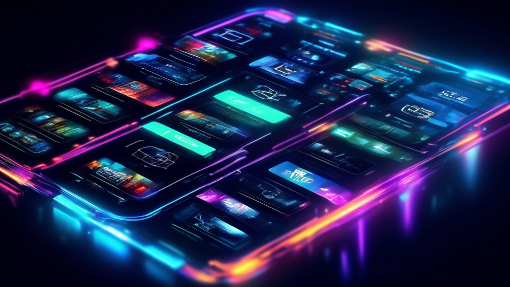 Create an image of a futuristic digital interface displaying multiple IPTV websites lined up in a top ten list, each with a unique logo and rating. The background is sleek and high-tech, with glowing neon accents and a grid pattern. The overall aesthetic conveys cutting-edge technology and a sense of ranking and competition among the top IPTV sites.