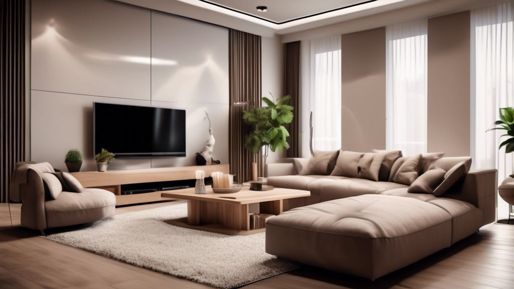 Create an image of a modern living room with a large flat-screen television displaying various IPTV channels, with a remote control and a bowl of popcorn on the coffee table, surrounded by comfortable seating and cozy lighting. The image should convey a sense of relaxation and entertainment while showcasing the convenience and flexibility of IPTV technology.