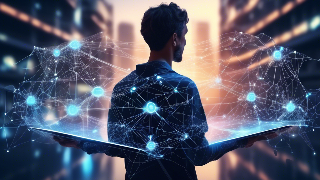 A futuristic digital navigator holding a glowing map with interconnected nodes and pathways representing Web 3.0, with diverse internet users co-creating and interacting in a vast, decentralized digital landscape.