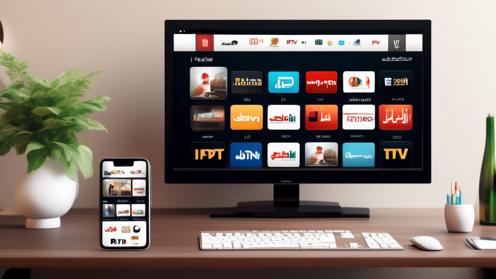 Create an image showcasing a diverse selection of Arabic TV channels being streamed on multiple devices, such as smartphones, tablets, and smart TVs. Include logos or graphics representing popular IPTV providers known for offering Arabic channels. The devices should be displayed in a modern living room setting to convey the convenience and variety of content available through IPTV services tailored for Arabic viewers.