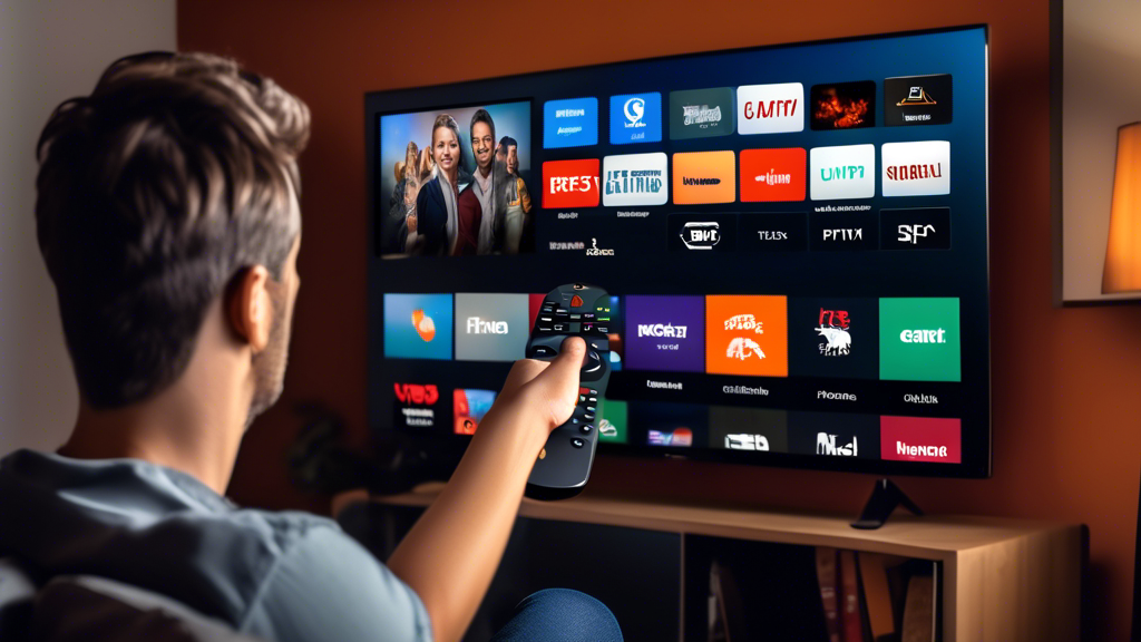 Create an image of a person using a Firestick remote control to access IPTV (Internet Protocol Television) services on a smart TV. The image should show the person navigating through different channels and streaming options on the screen, highlighting the convenience and entertainment possibilities of using IPTV on a Firestick.