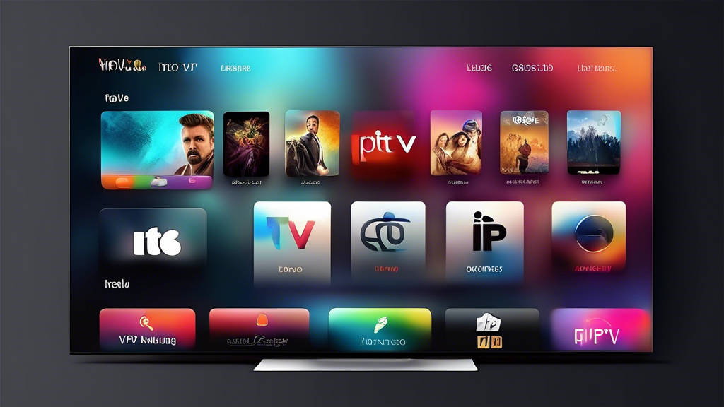 Create an image of a sleek and modern smart TV displaying a vibrant and engaging IPTV app interface designed specifically for Apple TV. The interface should feature intuitive navigation, high-quality streaming options, and a visually appealing layout that showcases the best IPTV content available.