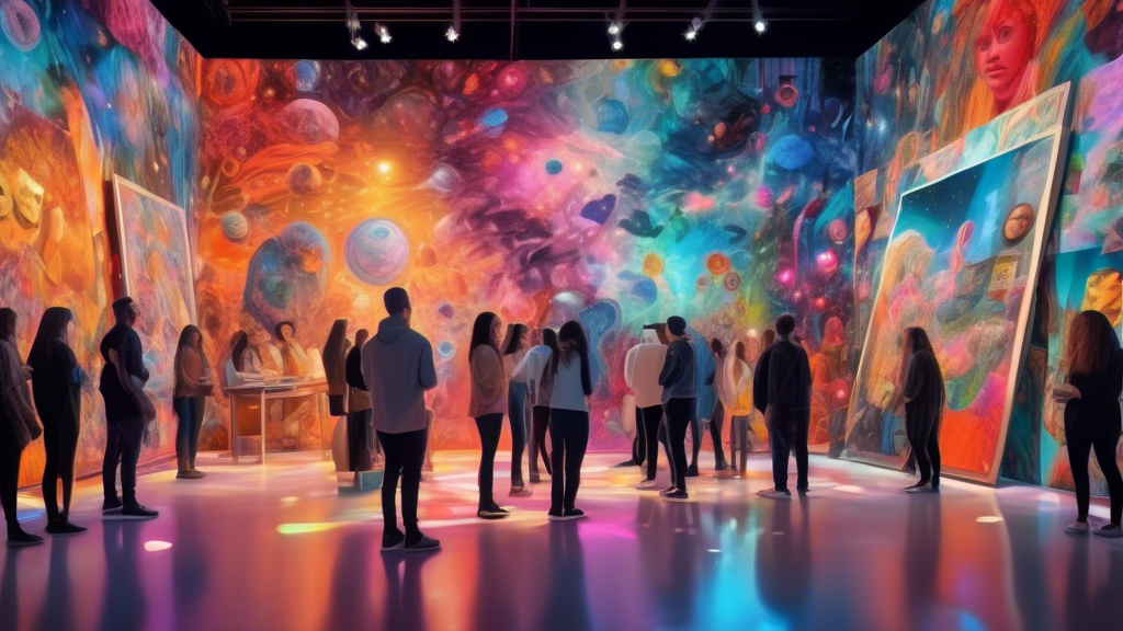 An intricately detailed digital collage showcasing a diverse group of artists, each painting a unique, vibrant NFT masterpiece on virtual canvases, illuminated by soft, futuristic lights in a spacious, modern gallery.