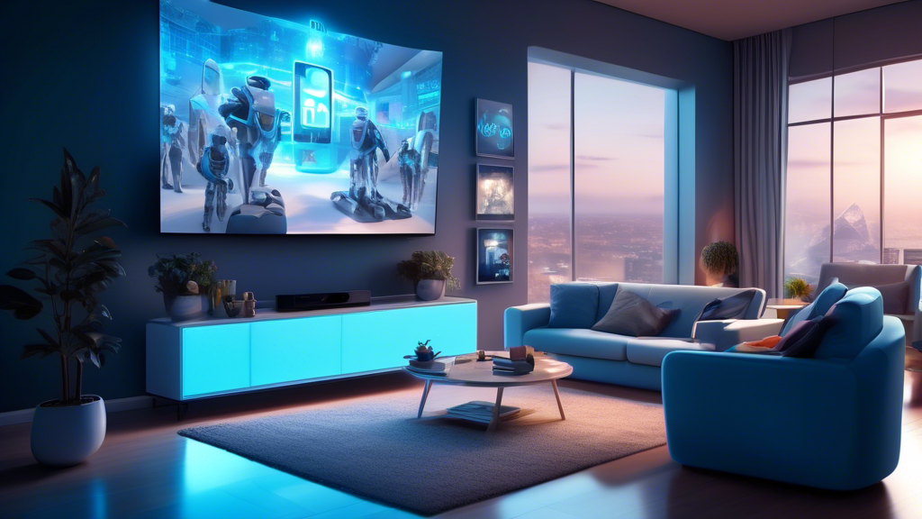 Create an image of a futuristic living room with a large smart TV displaying various IPTV service logos and ratings, while a family relaxes on a sleek, modern sofa looking content and satisfied with their viewing experience. The room should be bathed in a soft, blue glow from the TV screen, creating a cozy yet high-tech ambiance.