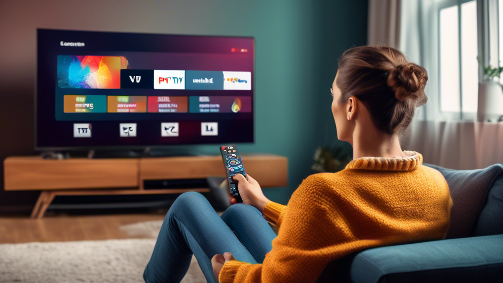 Create an image of a person sitting on a couch, using a remote control to browse through various IPTV channels on a smart TV. The screen of the TV should display a message promoting a Kostenlose Testphase from an IPTV provider with vibrant and eye-catching colors to attract the viewer