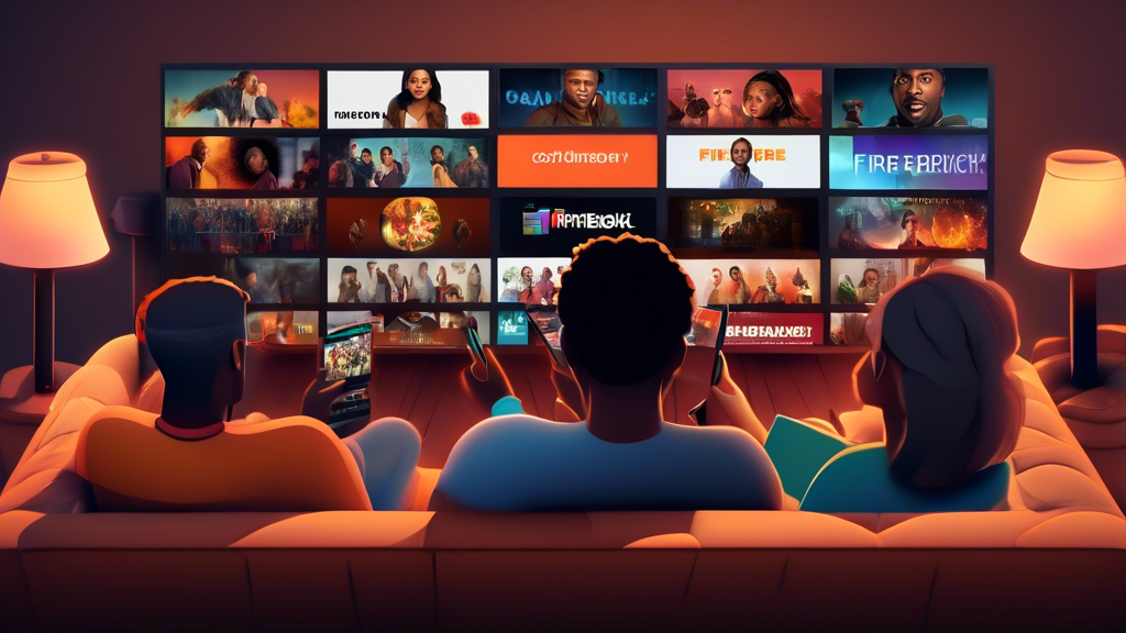 Create an image of a diverse group of people sitting together on a couch, each holding a Firestick and watching various paid streaming services on different screens. The background should show a cozy living room setting with shelves filled with DVDs and movie posters. The people should look engaged and content, showcasing the convenience and entertainment of using paid streaming services on a Firestick.