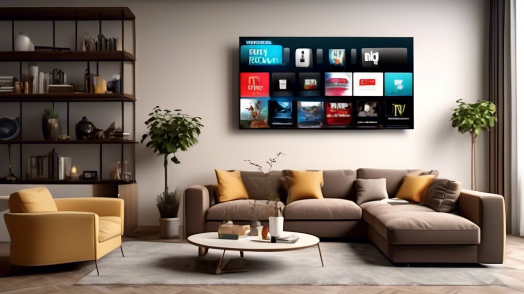 Create an image of a modern living room with a large flat-screen TV displaying various IPTV channels, such as news, sports, and movies. The room should be cozy and inviting, with a comfortable sofa, a coffee table, and gentle lighting to emphasize the entertainment experience offered by the best US IPTV provider.