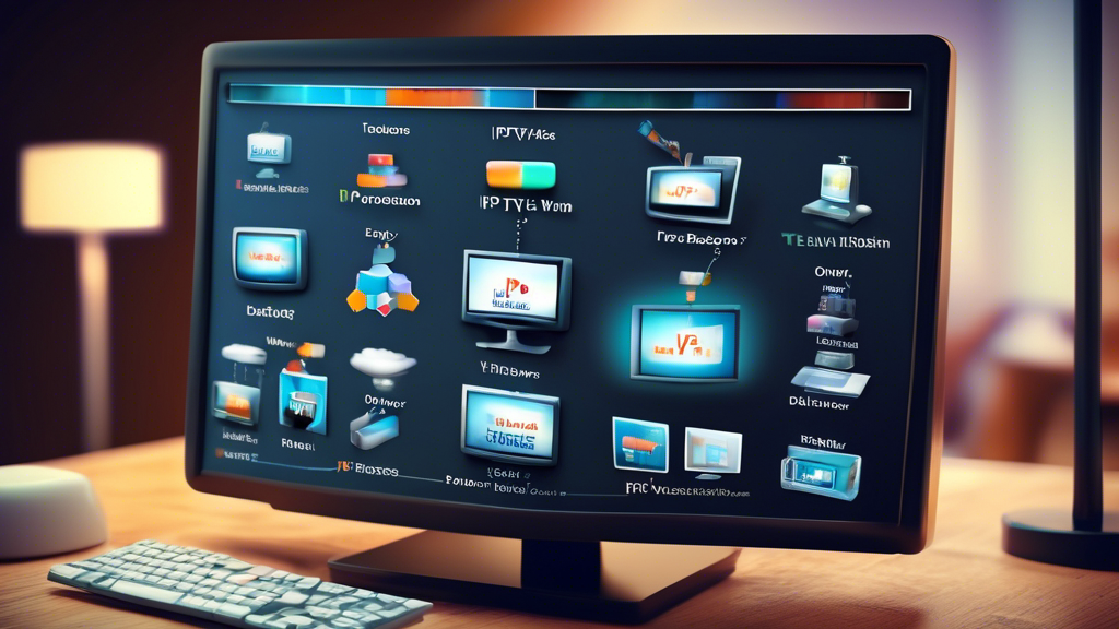Create an image showcasing a detailed and easy-to-understand visual explanation of how IPTV (Internet Protocol Television) works, including the process of delivering television content over the internet to viewers