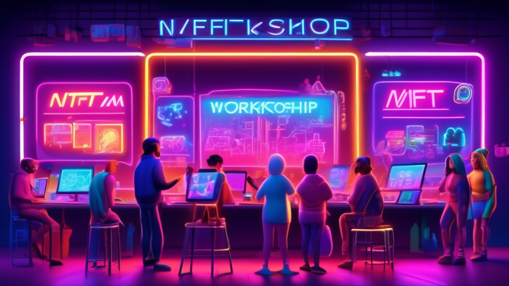 A brightly colored, inviting digital workshop with a diverse group of animated characters, each engaged in a different stage of creating, buying, and selling NFTs, with easels displaying dynamic, digital artwork and glowing screens showcasing blockchain technology, all under a neon sign that reads 
