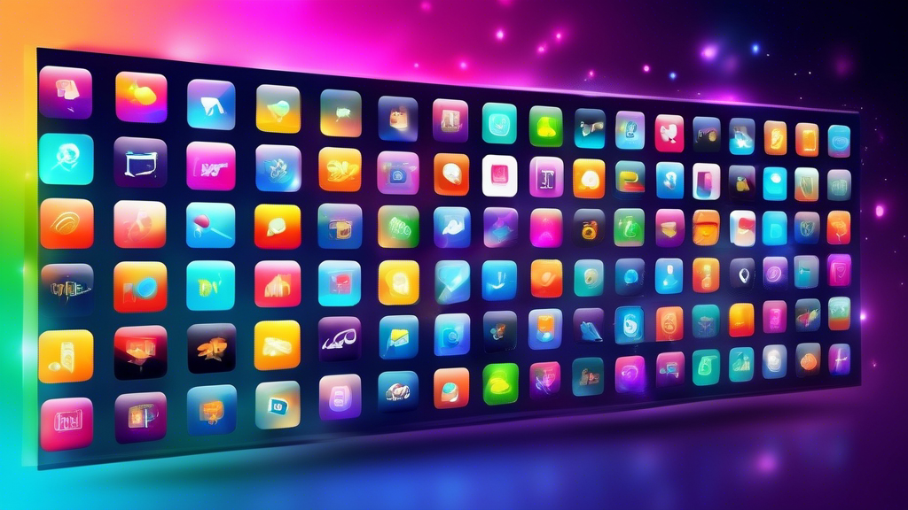 Create an image of a variety of colorful IPTV app icons displayed on a futuristic digital interface, with glowing effects and advanced technology elements, symbolizing the top paid IPTV apps rated as the best in the industry.
