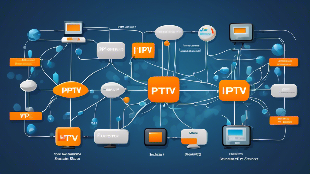 Create an image of a network diagram showcasing the functioning of an IPTV-stream server, with different components like the server, network connections, user devices, and streaming content displayed. The design should convey a clear and informative visualization of how IPTV-stream servers work, highlighting their benefits and efficiency in streaming content to users.