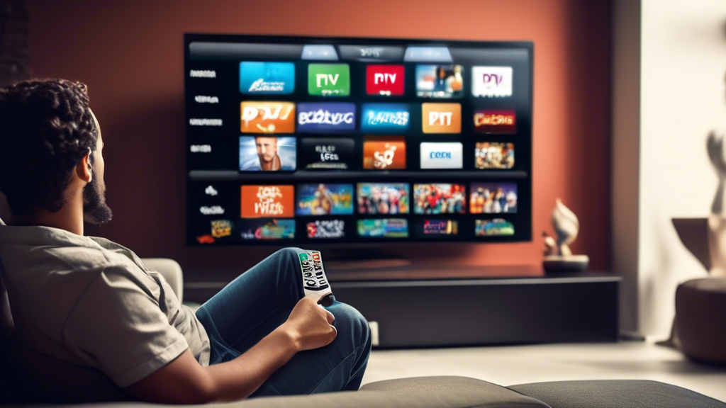 Create an image of a person sitting comfortably on a sofa, using a remote control to browse through a wide selection of IPTV channels on a large, high-definition television screen. The TV should display crisp, vivid images of various TV shows, movies, and live sports events, showcasing the diverse content available through the best IPTV service with a free trial period. The room should be cozy and inviting, with soft lighting and a modern decor that highlights the convenience and enjoyment of accessing premium entertainment at home.