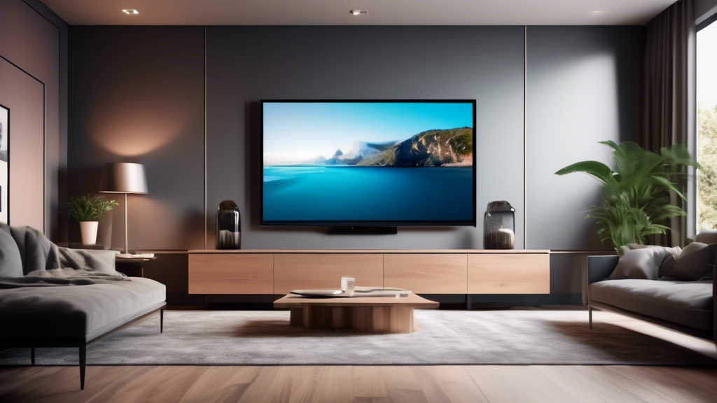 Create an image of a sleek and modern television displaying a crystal clear 4K HD IPTV stream. The room should have a cozy living room setting with minimalistic decor to highlight the advanced technology of IPTV. The screen should show vibrant colors and high resolution details to showcase the quality of the 4K image.