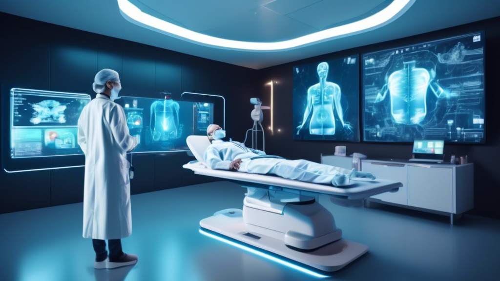 Create an image of a futuristic, AI-powered medical consultation room where a virtual avatar of a doctor is providing telemedicine services to a patient on a screen. The room is filled with advanced medical equipment and technology, highlighting the integration of artificial intelligence in healthcare.