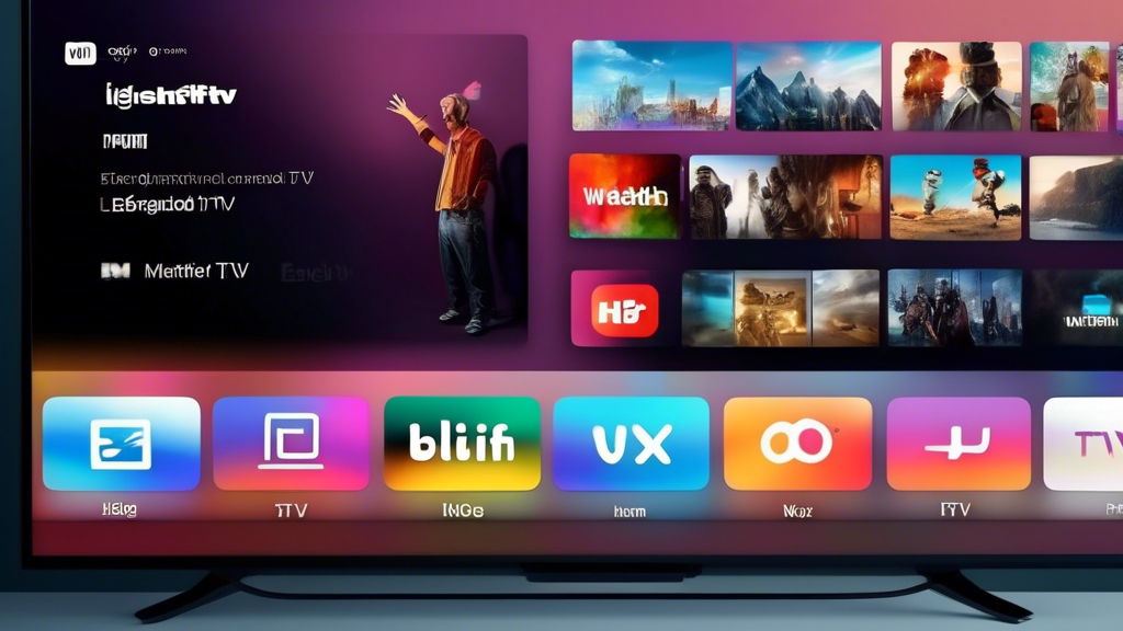 Zeige einen futuristischen Smart-TV mit einem großen Bildschirm, der auf einem stilvollen Apple TV-Gerät läuft, während eine benutzerfreundliche IPTV-App auf dem Bildschirm angezeigt wird. Der Raum ist modern eingerichtet und der Fokus liegt auf der Einfachheit und Eleganz der Technologie.