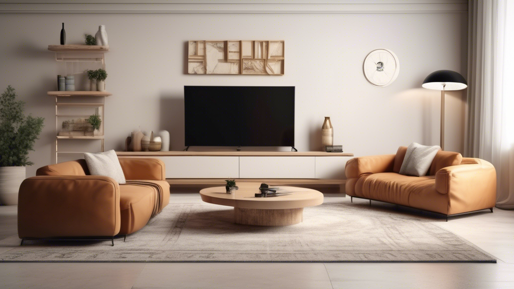 Create an image depicting a modern Greek living room with a flatscreen TV displaying a selection of IPTV channels. Include elements like a comfortable couch, coffee table, Greek decor, and various devices connected to the TV, representing the concept of IPTV in Greece.