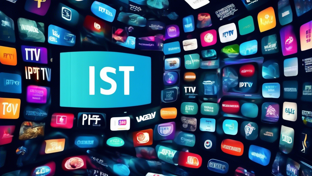 Create an image depicting a futuristic television screen displaying a variety of channels and on-demand content with the text Was ist IPTV? superimposed on the screen. Surrounding the television screen, show icons representing different streaming services and smart devices to illustrate the concept of IPTV (Internet Protocol Television).