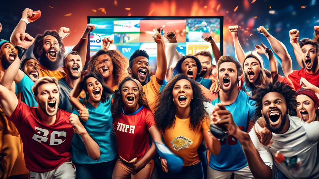 Create an image of a diverse group of enthusiastic sports fans gathered around a large TV screen, displaying a variety of live sports events. Each fan is wearing their favorite team