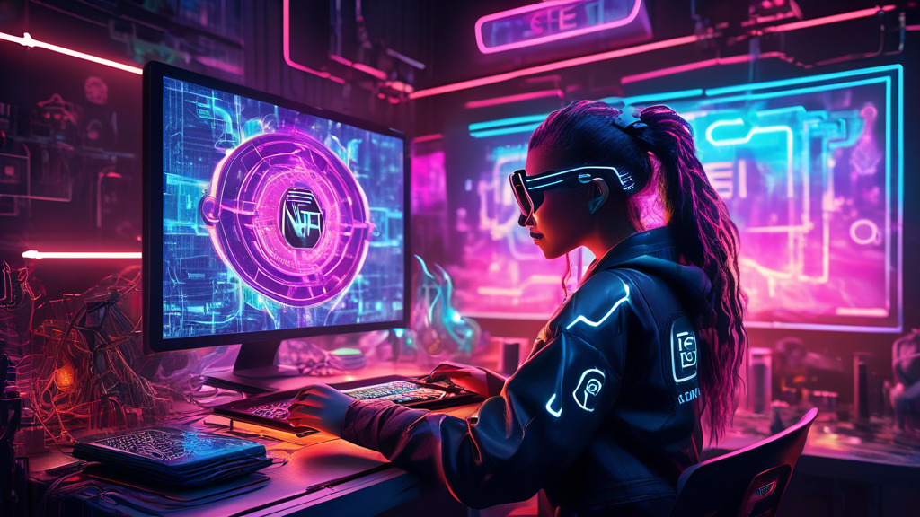 A futuristic digital artist creating a glowing, intricate NFT masterpiece on a virtual canvas, with the SEI Network