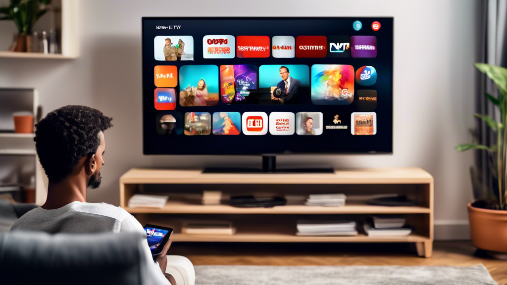 Create an image of a person watching a TV screen with a variety of channels on display, showcasing a diverse range of content such as news, sports, movies, and documentaries. Include elements that convey the idea of a free IPTV service, such as a laptop with streaming services open and a digital device displaying price comparison. The setting should be cozy and inviting, with the person appearing engaged and satisfied with the options available.